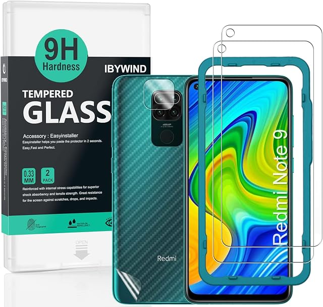 Ibywind Screen Protector for Redmi Note 9 [Pack of 2] with Camera Lens Protector,Back Carbon Fiber Skin Protector,Including Easy Install Kit
