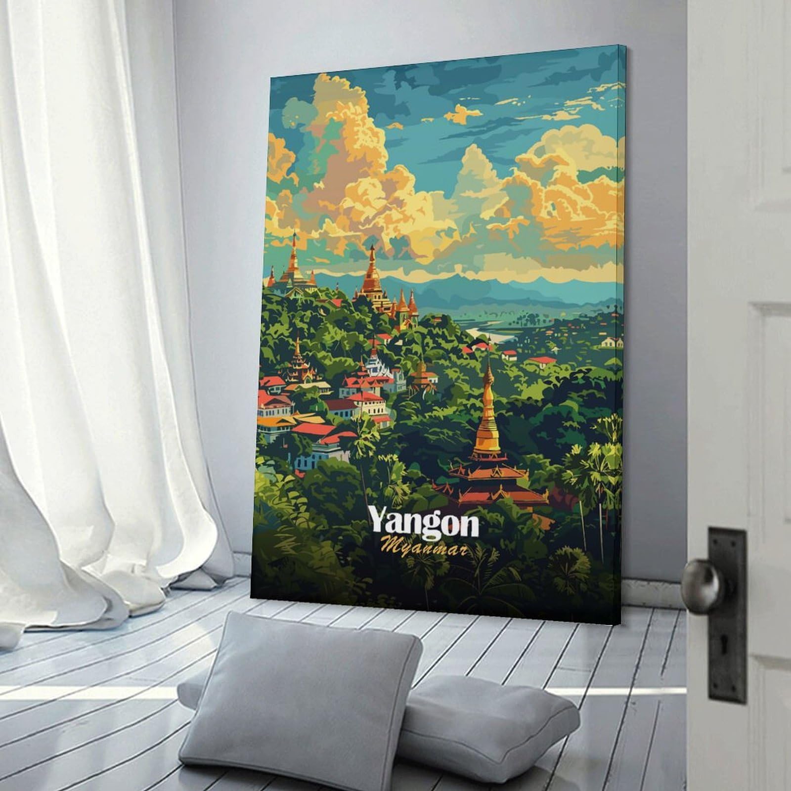 Junmoney Yangon, Myanmar Cityscape Room Decor Wall Art 24x36inch(60x90cm), for Entrance Spaces, Stair Walls Or Halls, A Neat Decor Update for Hallways
