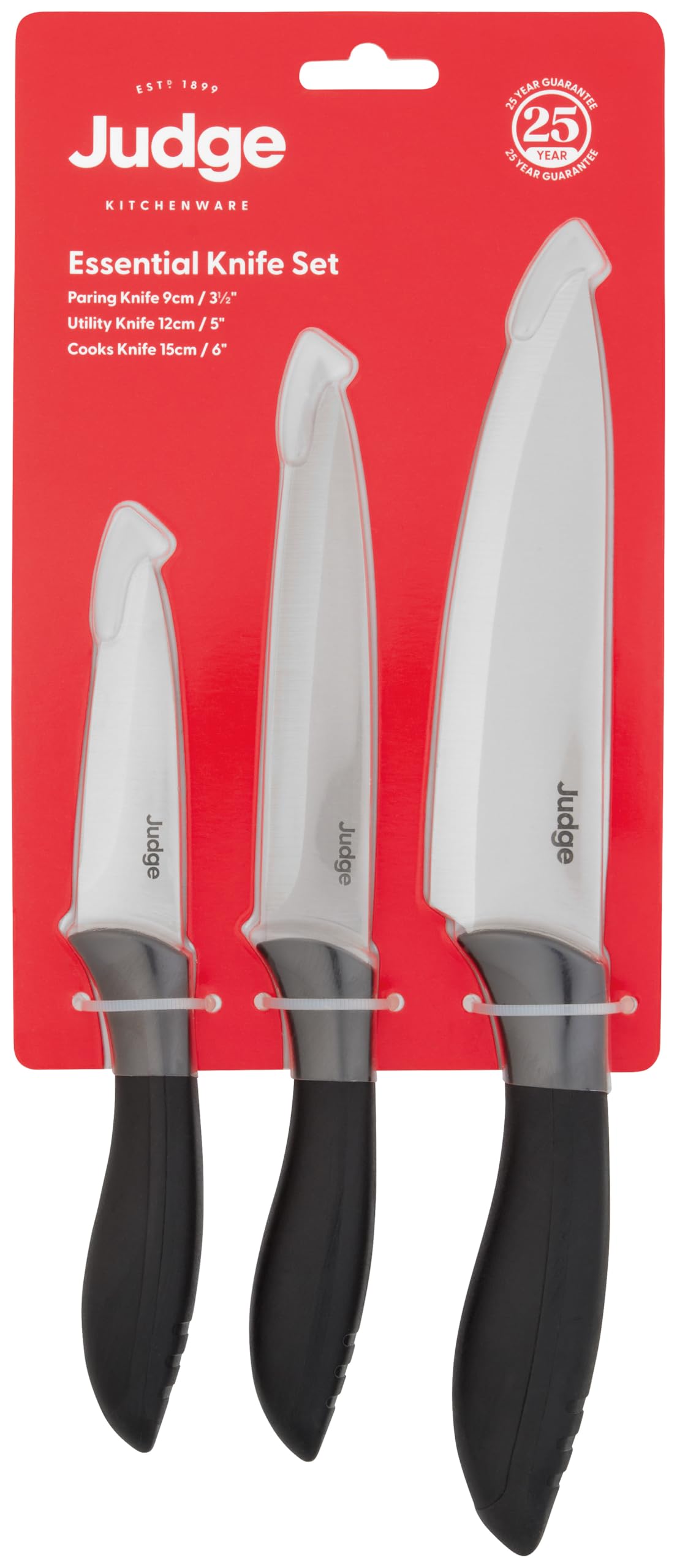 Judge Essential 3-Piece Knife Set - 9cm Paring Knife, 12cm Utility Knife, 15cm Cooks Knife - Dishwasher Safe, Ergonomic Handle