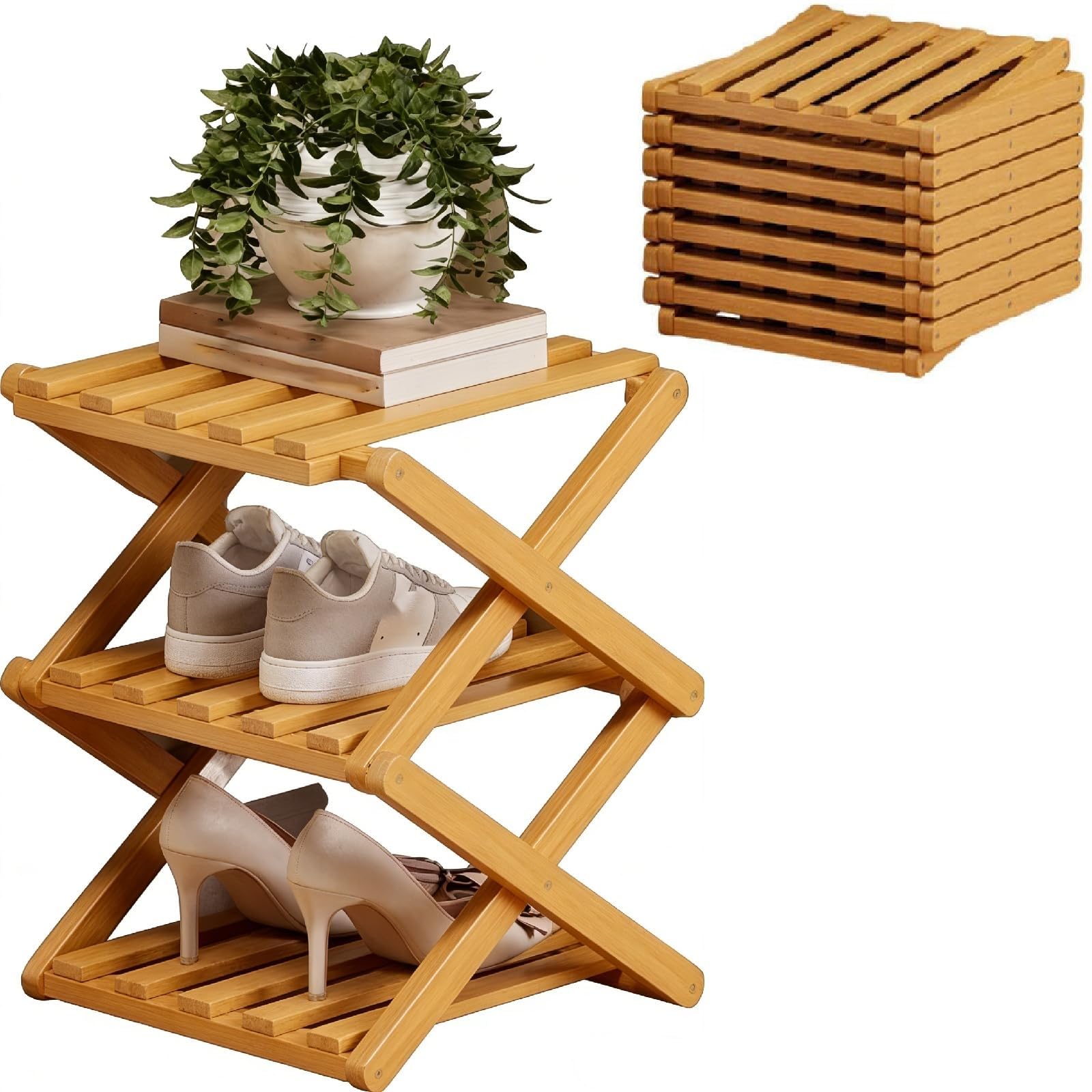 FSLXZPKJ 9-Tier No-Assembly Bamboo Shoe Rack - Foldable Vertical Storage Organizer for Entryway and Closet Light Luxury Appeal