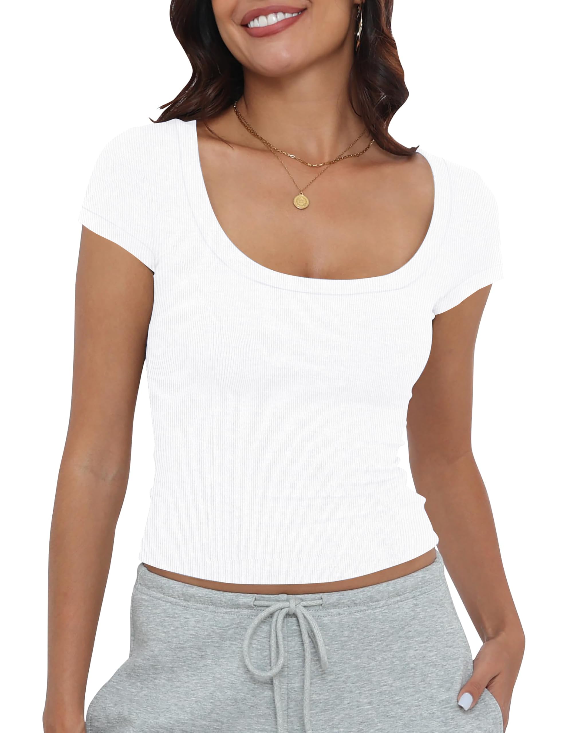 DUOEASE Damen Top Weiss U-Ausschnitt Basic Tshirt Damen Kurzarm Sexy Oberteile Elegant