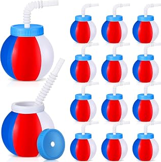 Skyley 12 Pcs 14 oz Summer Beach Ball Cups with Straws and Lids Plastic Sipper Reusable Summer Pool Drinking Cups for Birthday Beach Birthday Theme Party Supplies