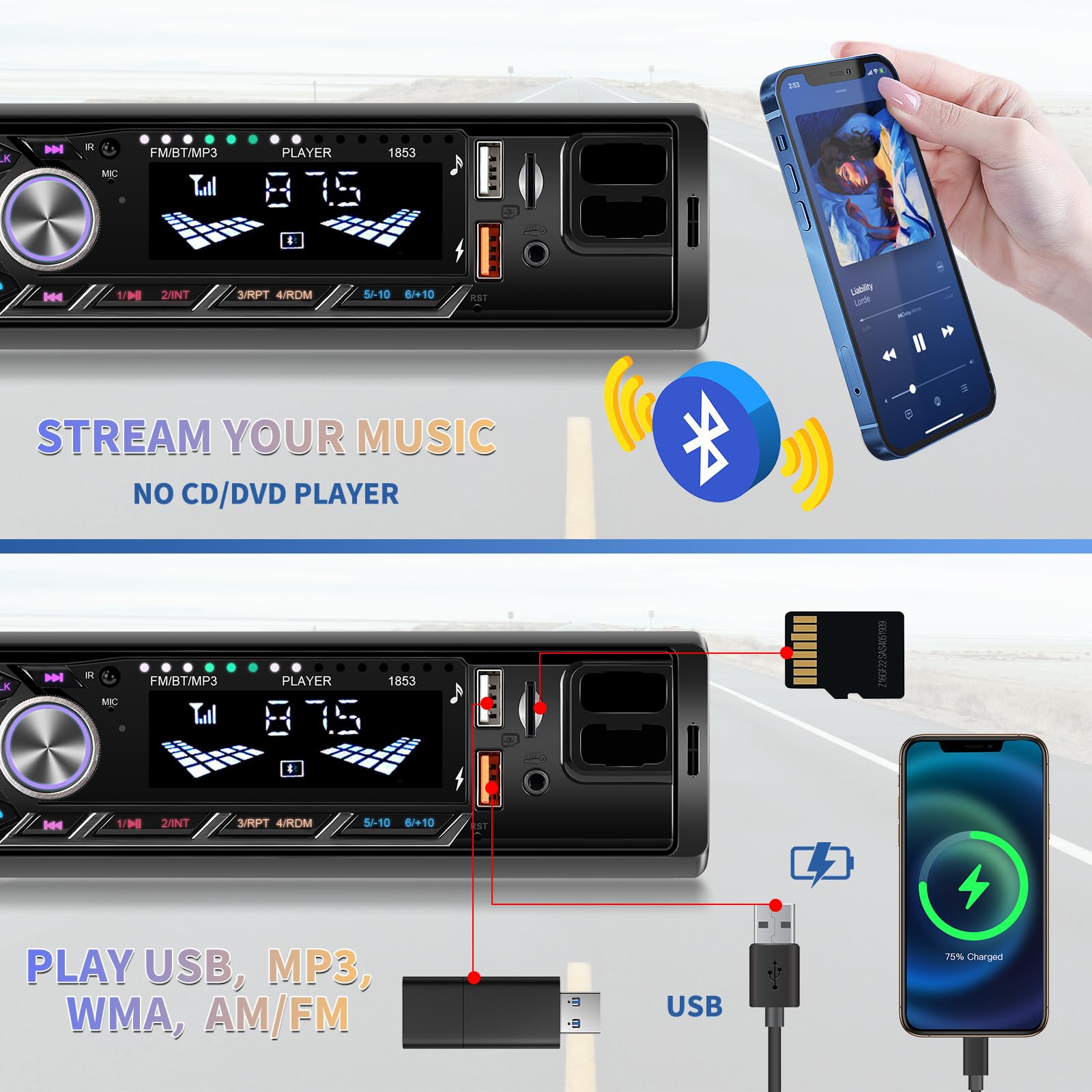 Inefala 1 Din Autoradio mit Telefonhalterung, Radio 1 DIN mit FM, Bluetooth, USB, AUX-Eingang, Freisprecheinrichtung, Unterstützt 7 Farben Beleuchtung und Schnellladung