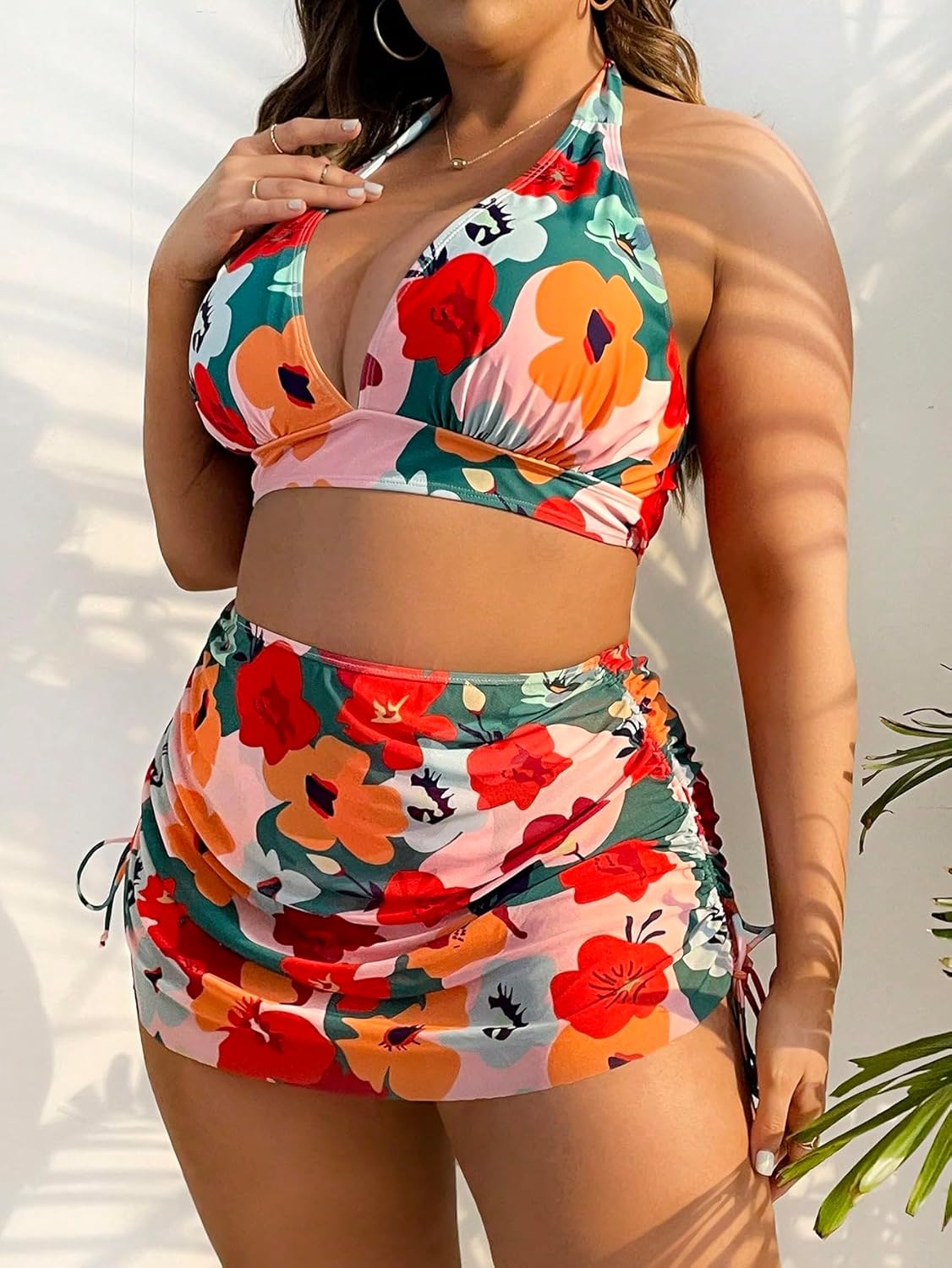 Plus Size Swimwear for Women Floral Halter Bikini Set with High Waist Bottom & Skirted Cover Up Tummy Control Swimsuit