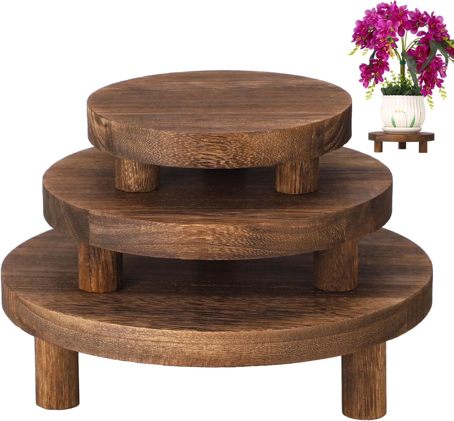 3 Pcs Wood Plant Stands, Vintage Wooden Pedestal Stands, Round Wood Display Risers, Decorative Planter Holders, Flower Pot Display Trays, 6", 8", 10", Ideal for Home Decor