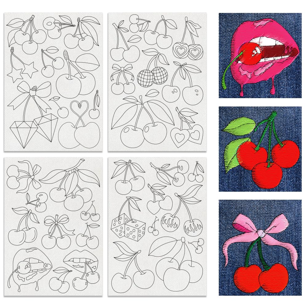 BENECREAT 4 Sheets Cherries Soluble Embroidery Stabilizers, 41pcs Fruit Embroidery Paper with Pre-Printed Sewing Embroidery Stabilizers for Embroidery Hand Sewing Lover Beginners