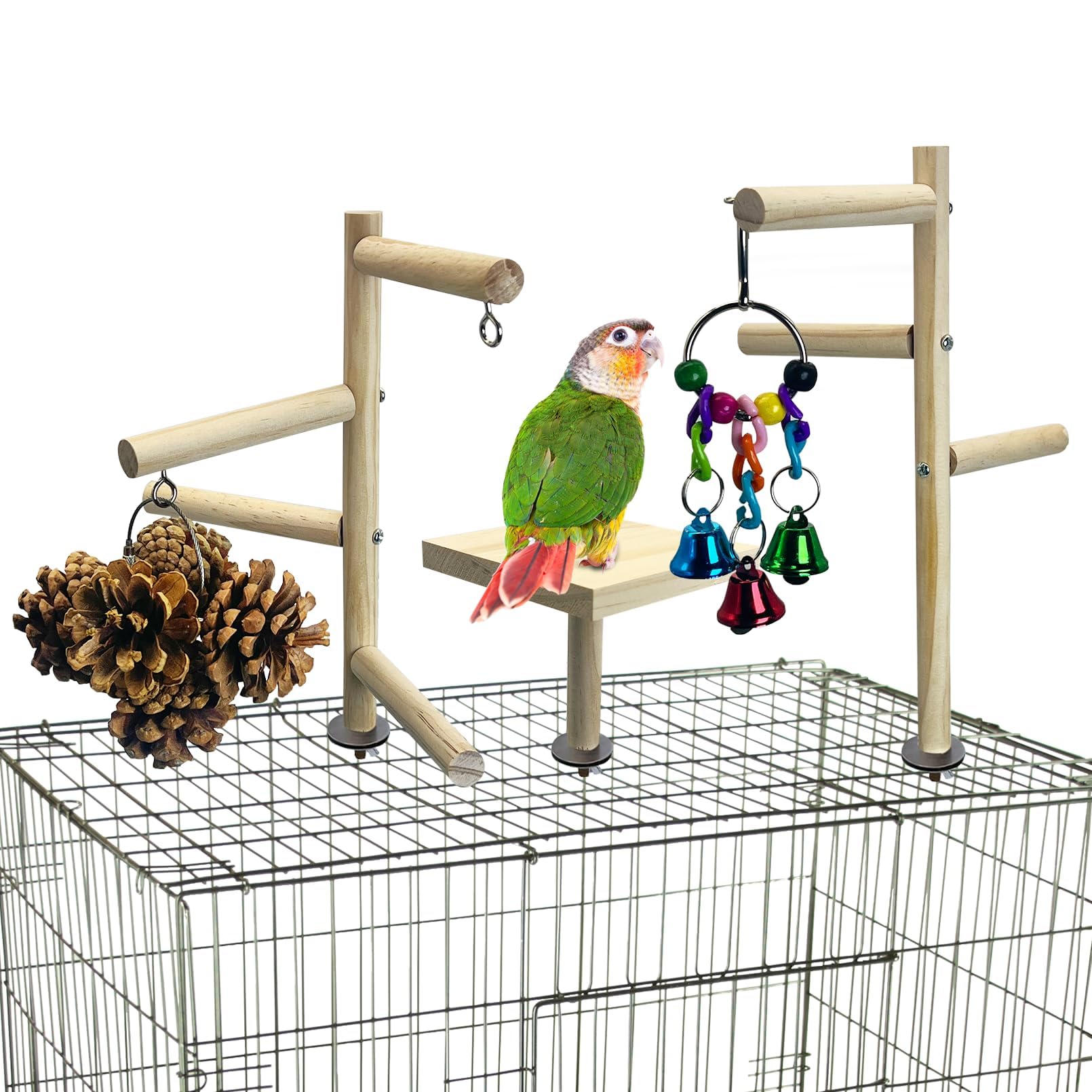 PINVNBY 3 PCS Wooden Small Bird Playground for Top of Cage, Wood Parrot Stands Perch Birds Gym with Hanging Chewing Toys Bird Cage Accessories for Parakeet Conure Love Birds Budgie
