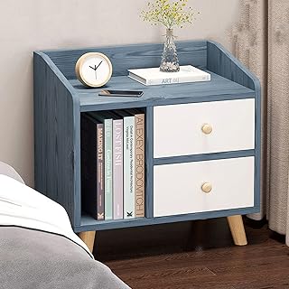 Mesita de Noche con 2 cajones, mesita de Noche con Patas de Madera Maciza, Mesa Auxiliar Minimalista y práctica con Estante de Almacenamiento Abierto para Dormitorio (Color: Azul, tamaño: 43