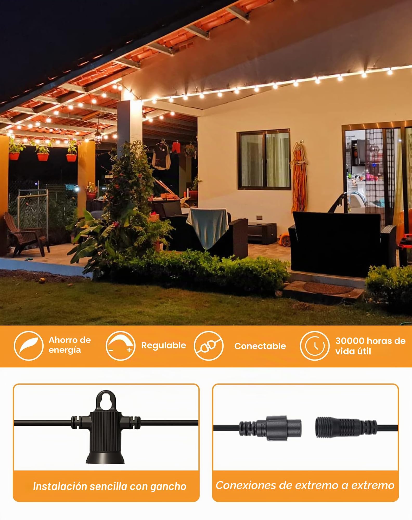 Zuske Guirnaldas de Luces Exterior, 30M LED Cadena de Luz con 50+2 Bombillas, IP65 Impermeable Guirnaldas Luminosas Exterior con Enchufe Luces Exterior para Jardín, Patio, Fiesta,Terraza