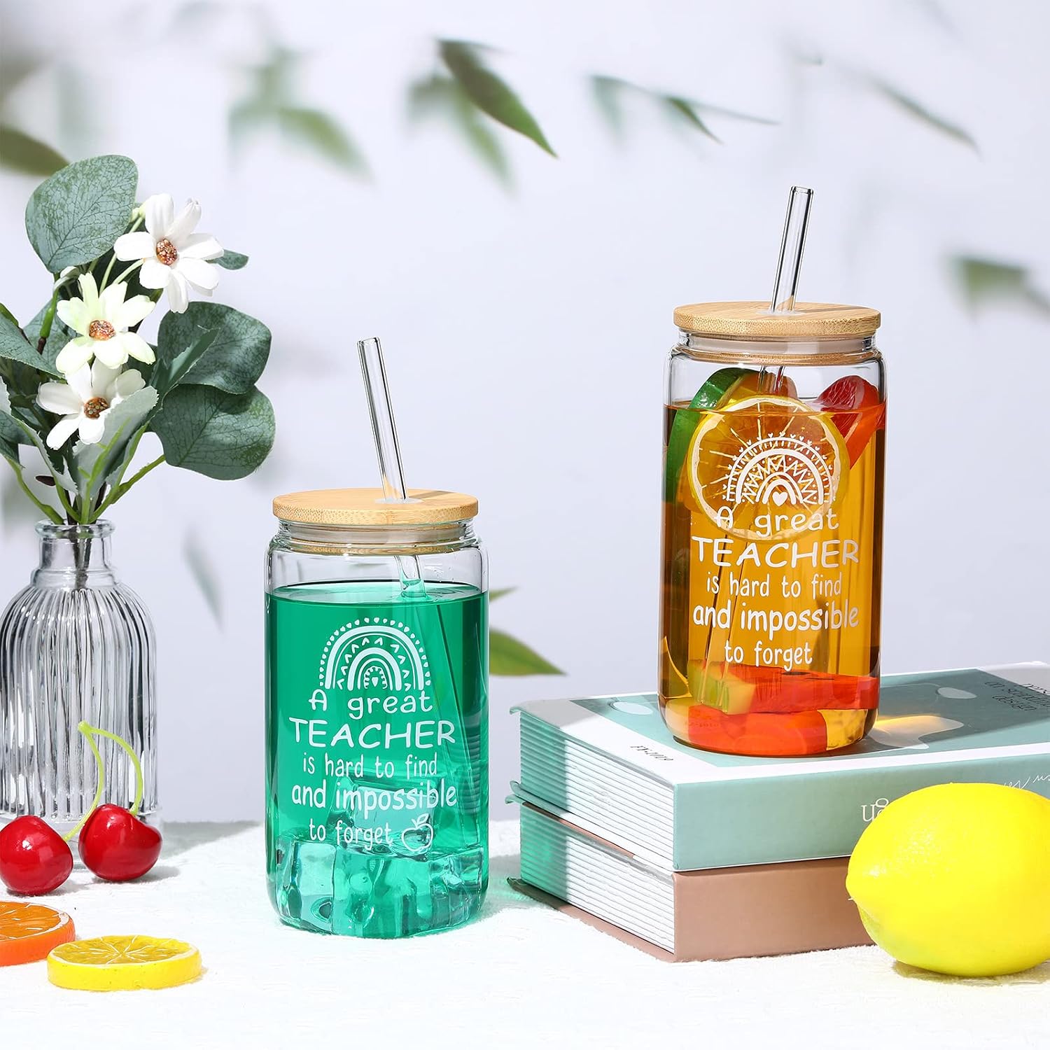 Zubebe 6 Sets Teacher Cups Bulk End of The Year for Teachers 16 oz Glass Cups with Lids and Straws Thank You Gifts for Graduation Birthday Back to School Retirement Christmas