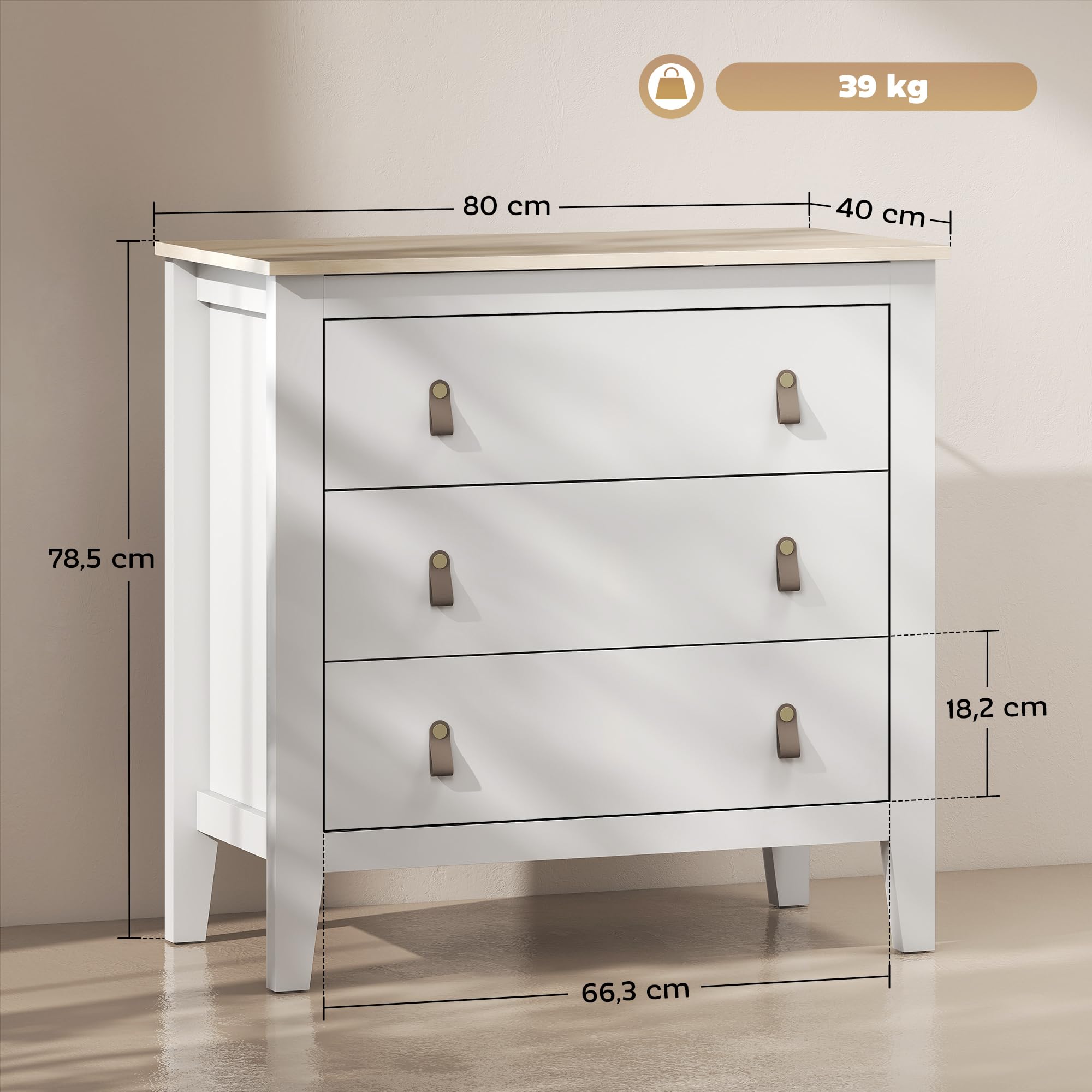 HOMCOM Cómoda de 3 Cajones Tiradores de PU Cajonera 80x40x78,5 cm Blanco | Cómoda para Dormitorio, para Salón Pasillo