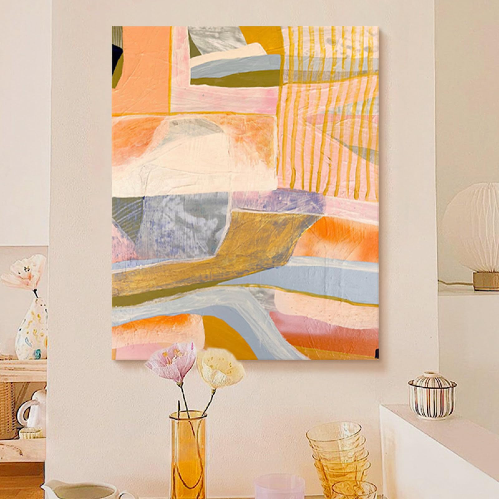 Peinture abstraite sur toile grand format texture crème pour art mural maison