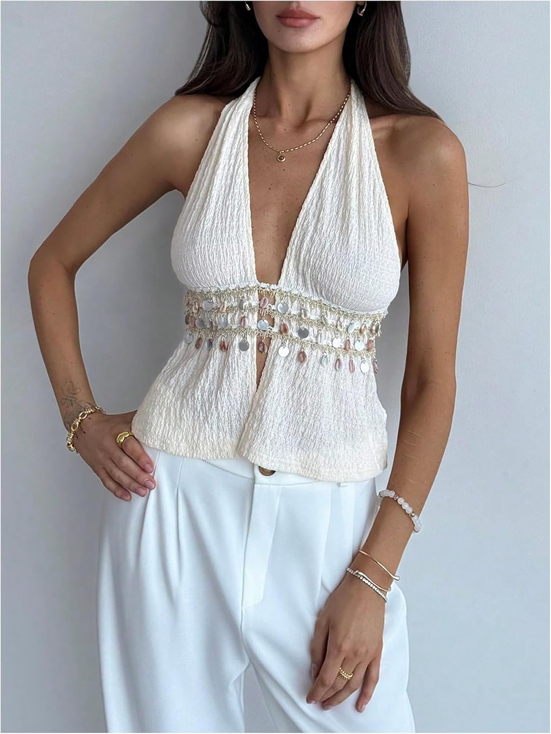 SweatyRocks Women's Y2k Sequin Halter Tops Deep V Neck Backless Shell Tops Party Streetwear Concert Outfits - Image 4