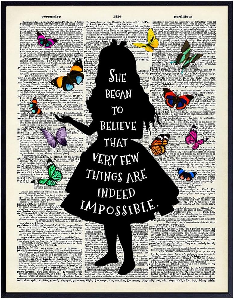 Alice in Wonderland Butterfly Wall Art 11×14 – Home Office, Girl, Kids Room Decor – Positive Quotes Wall Decor – Cheshire Cat, Mad Hatter – Lewis Carroll Quote Poster with Alice in Wonderland Print