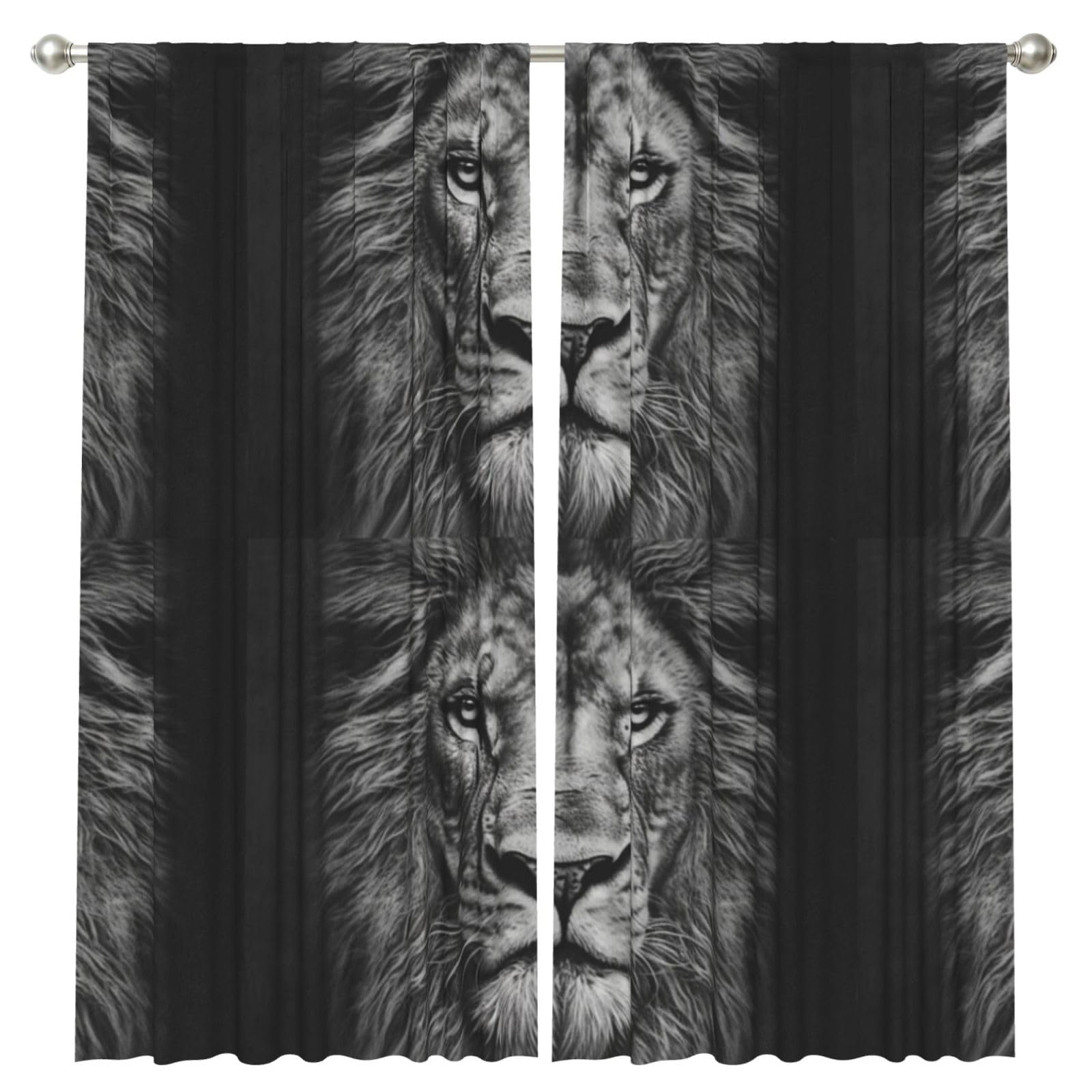 InOmak Black And White Lion Head Print, 2 Panels Window Curtains 52 x 84 Inch Blackout Curtains for Living Room Bedroom