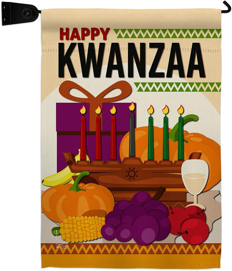 Happy Kwanzaa Party Garden Flag Set Wall Hanger Black History Kinara Candles Celebrates African Americans Heritage Small Decorative Gift Yard House Banner Made In USA 13 X 18.5