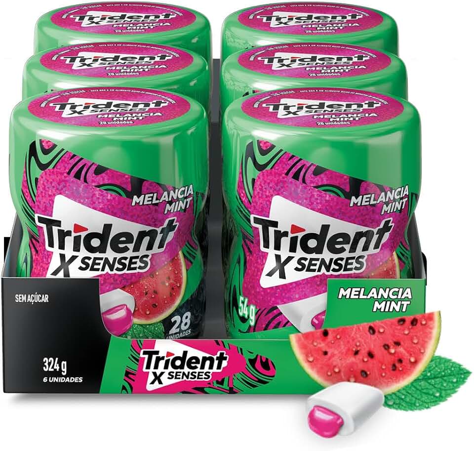 Chiclete Trident XSenses Melancia Mint Sem Açúcar Garrafa - Caixa com 6 unid. de 54g