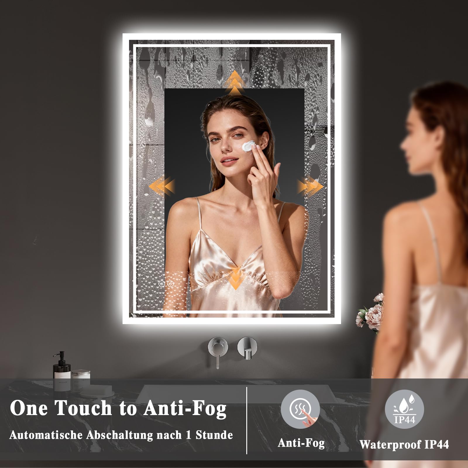 Badspiegel-mit-Beleuchtung 60x80cm: LED Badezimmer-Spiegel Badezimmerspiegel mit Beschlagfrei, Touch-Schalter, 3 Lichtfarben Dimmbar LED Spiegel Bad für Badezimmer