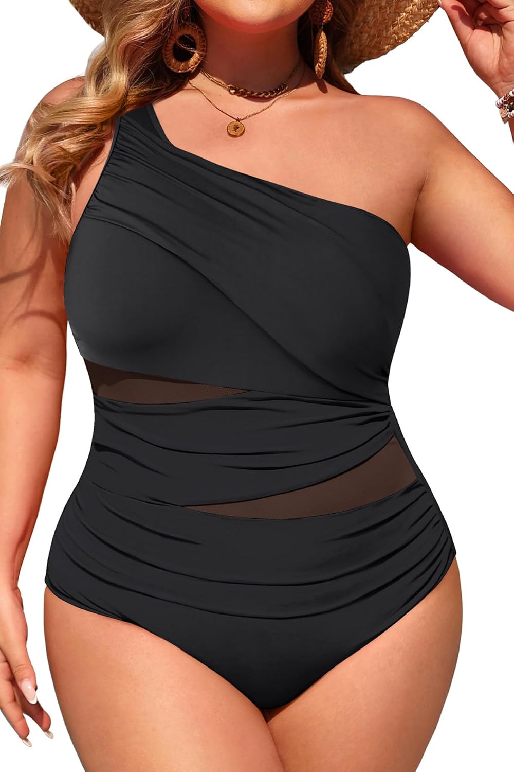 Aqua Eve Plus Size One Piece Swimsuit for Women Tummy Control Bathing Suits One Shoulder Swimwear