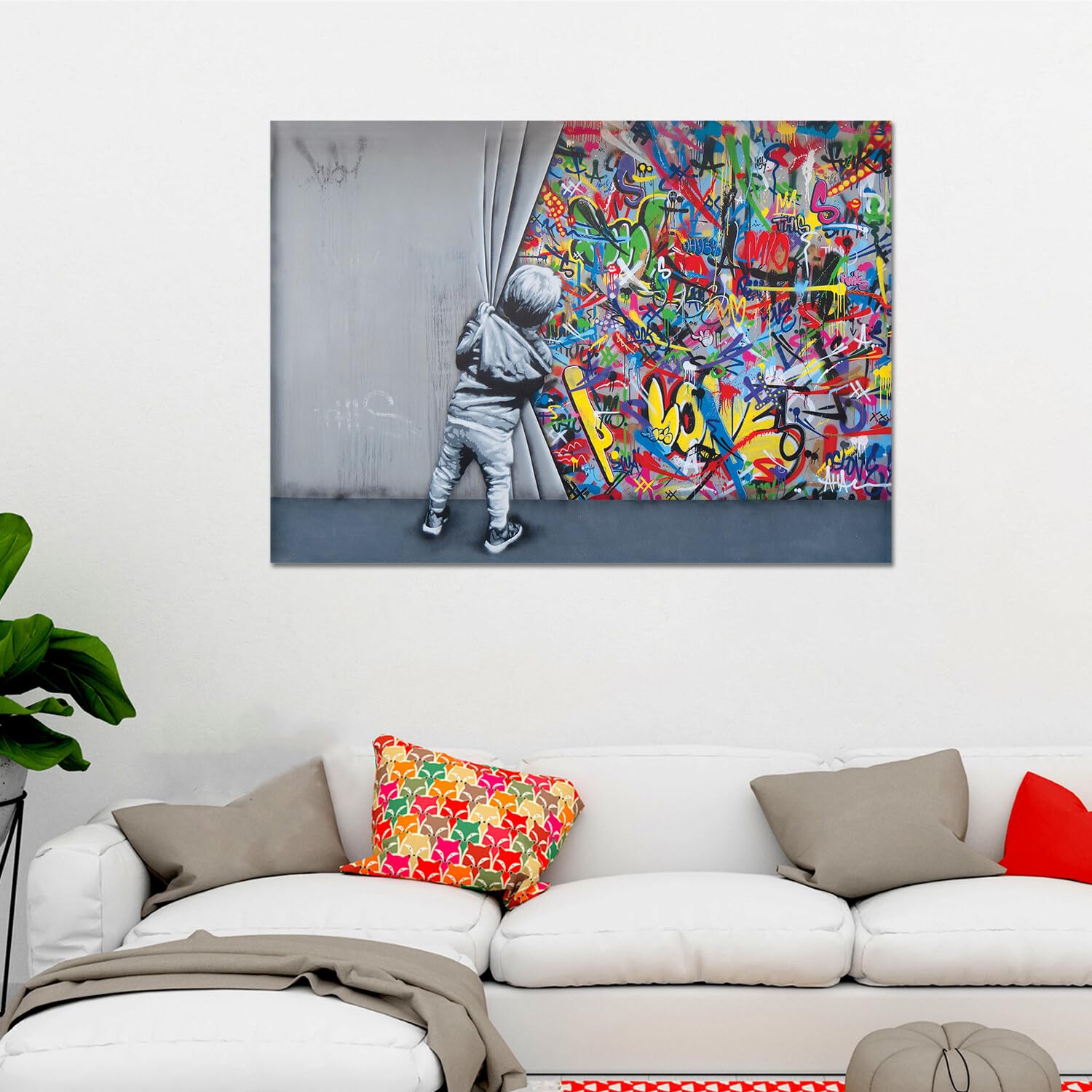 Giallobus - Impression sur toile - Banksy - L'enfant ouvre le rideau - Verre acrylique - 140x100 - Prêt à accrocher - Peintures pour la maison