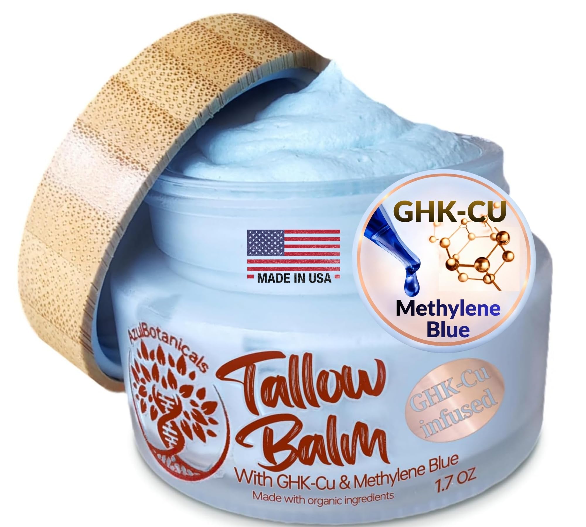 Copper Peptide GHk-Cu & Methylene Blue Infused Whipped Grass Fed Tallow Balm, Fine lines, Wrinkles, Eczema, Acne, Full body Moisturizer, For All Skin, With Organic Ingredients 1.7oz