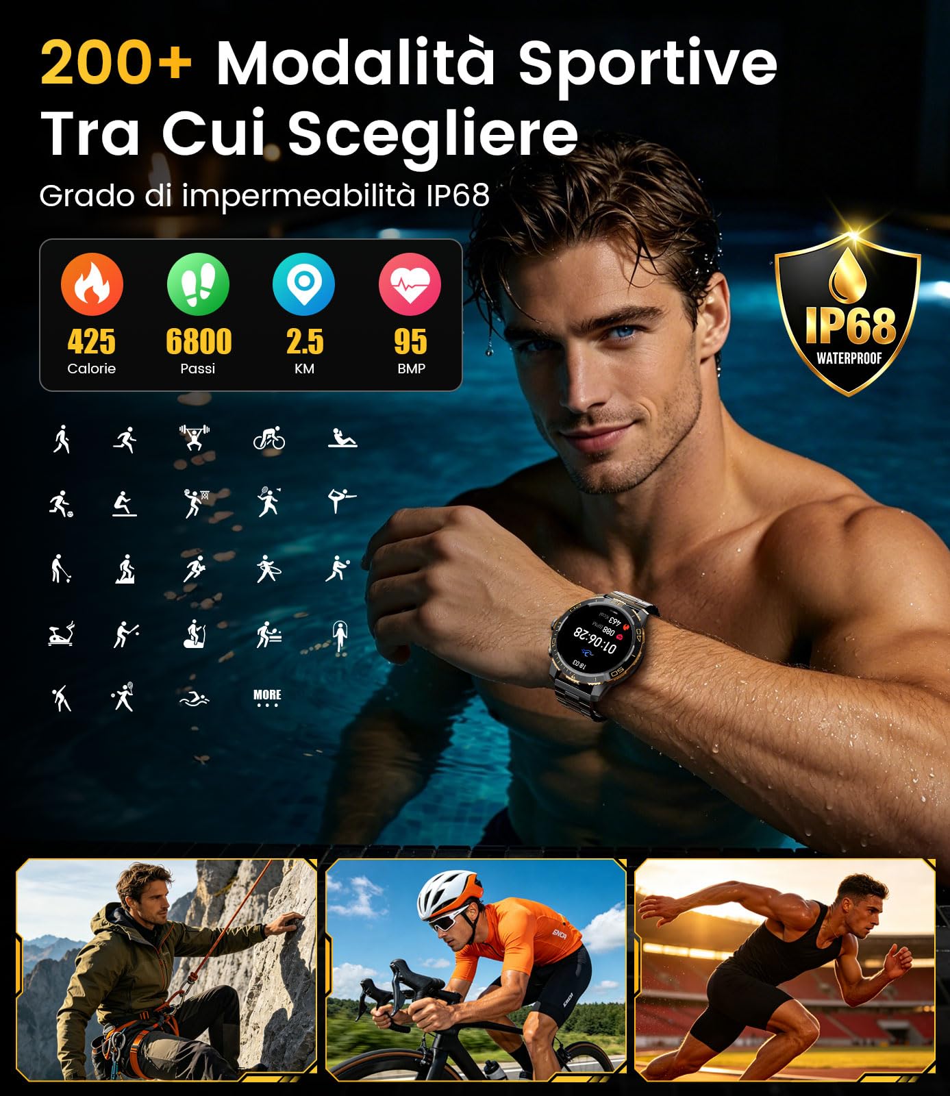 DREMAC Orologio da uomo con chiamata Bluetooth/800 mAh batteria, 1.43'' Amoled Orologio intelligente con frequenza cardiaca, IP68 Smartwatch con 200 modalità sportive per iOS/Android