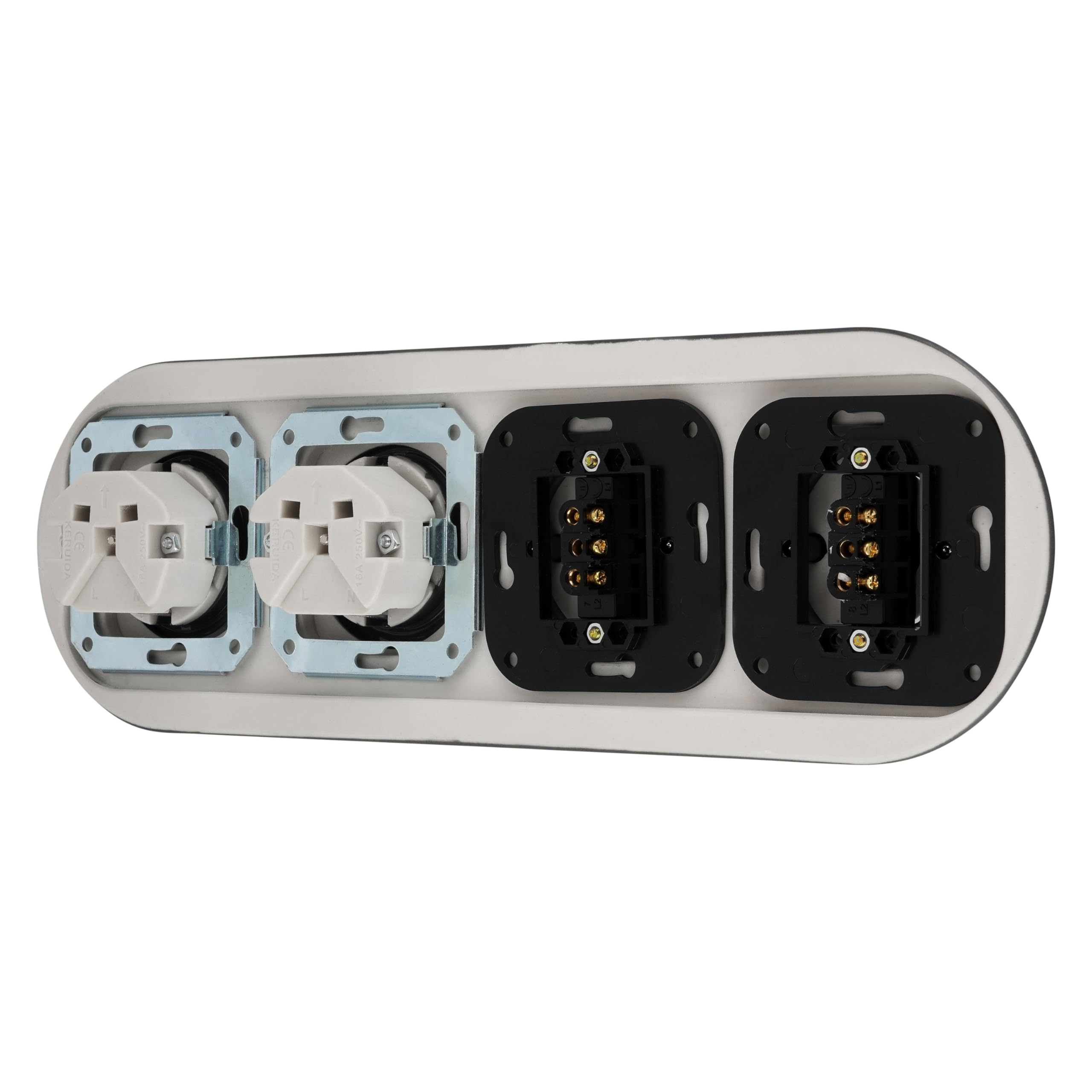 Unterputz Porzellan Retro Steckdose, Schalter, 4-fach, All-in-One, SET Serie PR1 dunkelgrau