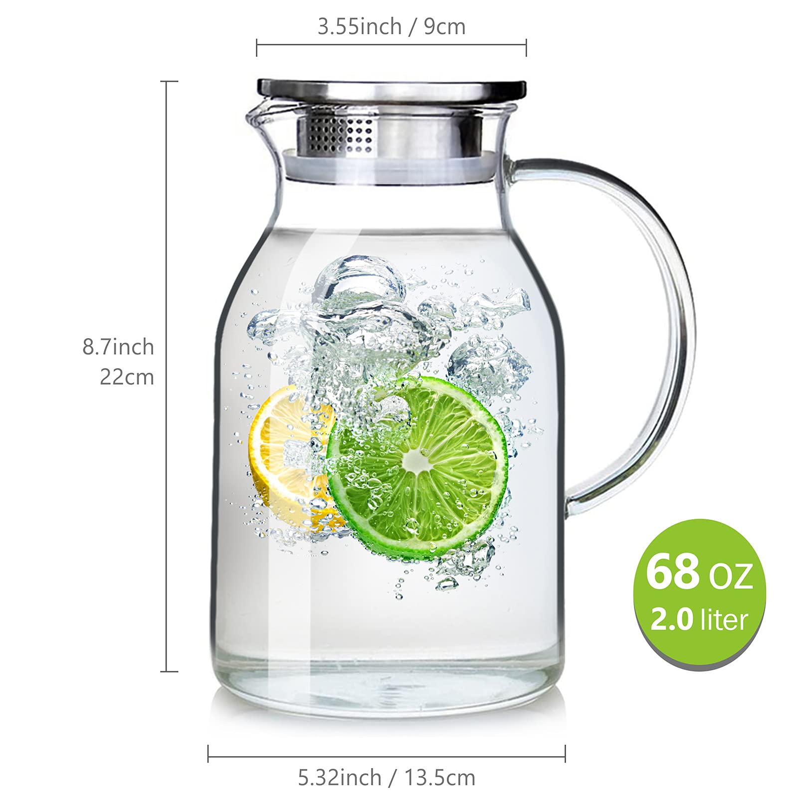 Glaskrug mit Deckel und Ausguss, hohe Hitzebeständigkeit, für heißes/kaltes Wasser und Eistee, 2 l