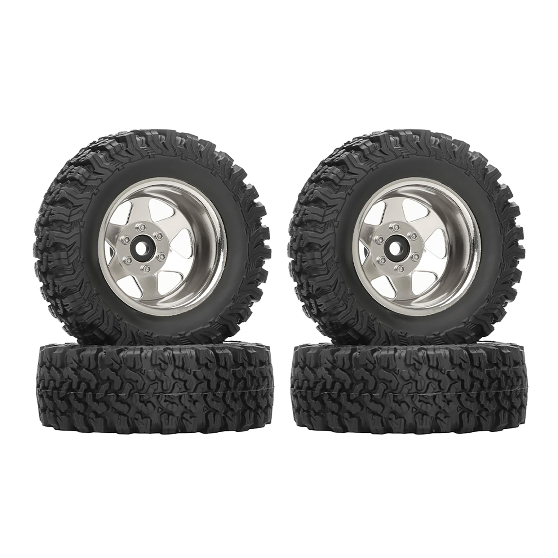 KINGCOO 4PCS 1.9Inch Negative Offset-8.9mm 6-Spoke Beadlock Wheel Rim and 90mm Rubber Tires for 1/10 RC Rock Crawler Car for Axial SCX10 90046 UTB18 D90 TRX4 1/12 MJX H12Y H12P (Silver, Width 33MM)