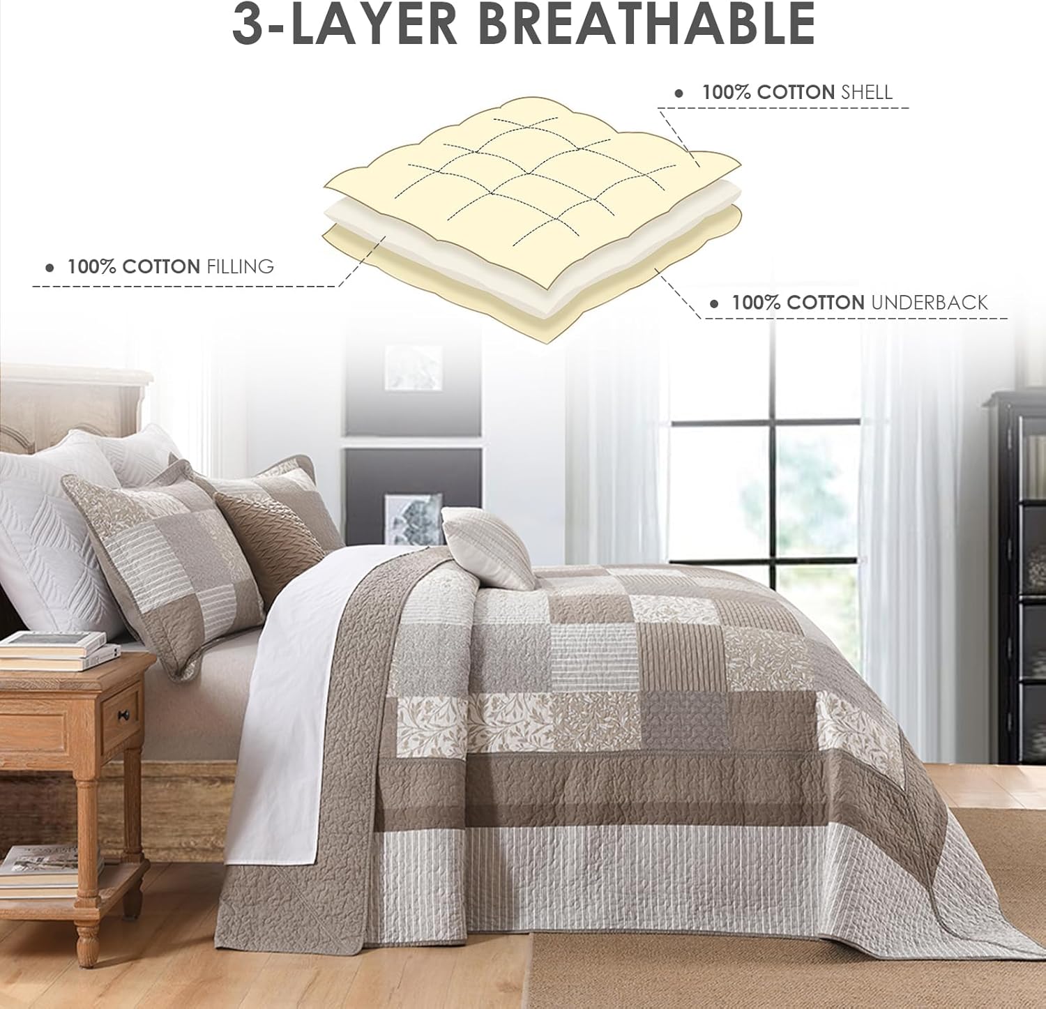 Oversized Queen Bedspread - 120" Lx102 W - 100% Cotton Lightweight Plaid Super Size Bedding Set - Reversible Extra Wide Quilt Bedspreads - 3 Piece - Gray/Beige/Island Fossil