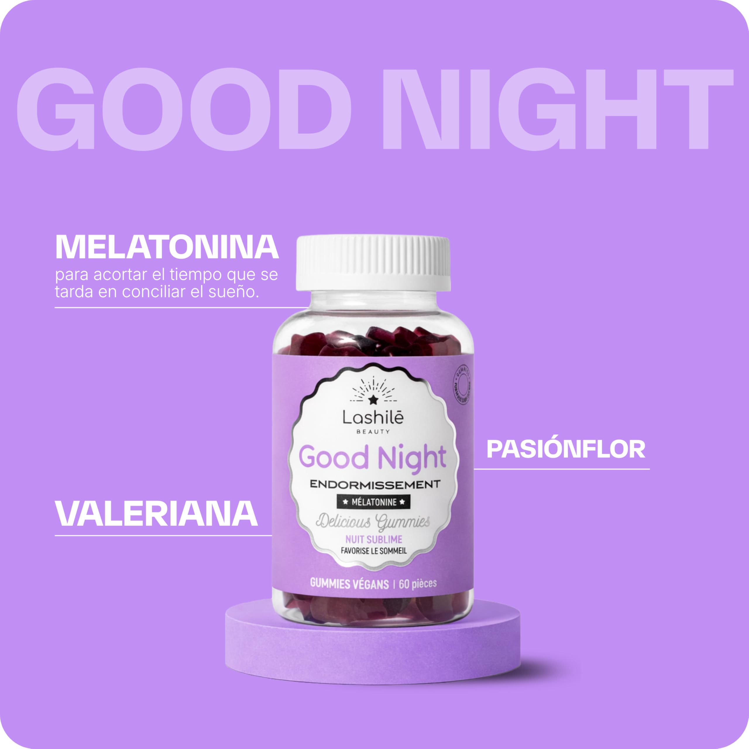 Lashilé Beauty - Complementos Alimenticios - Sueño reparador y conciliación rápida - Good Night Vitamines - Melatonina 1,9 mg, L-Teanina, Vit B6 - Fabricado en Francia - 60 Gummies