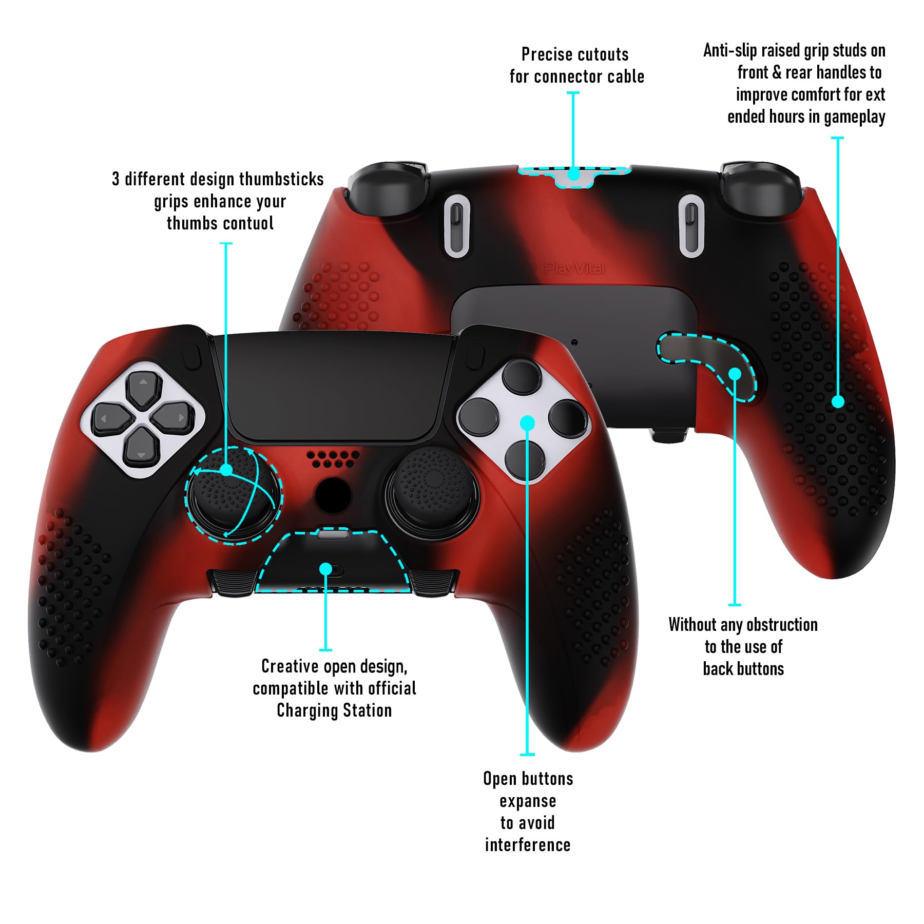 PlayVital Ochronny do ps5 Edge Controller,Miękka Gumowe Ochraniacz Skóry do ps5 Edge,Silikonowe Etui do ps5 z 6 szt Nakładkami Joysticka-Czerwony & Czarny(3D Studded Edition)