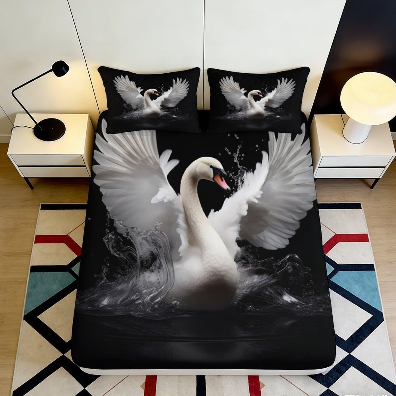 3D Printed Elegant Swan Fitted Sheet Microfiber Soft Black White Mattress Cover for Bedroom Guest Room Dorm Bed Decor 160x200x25cm
