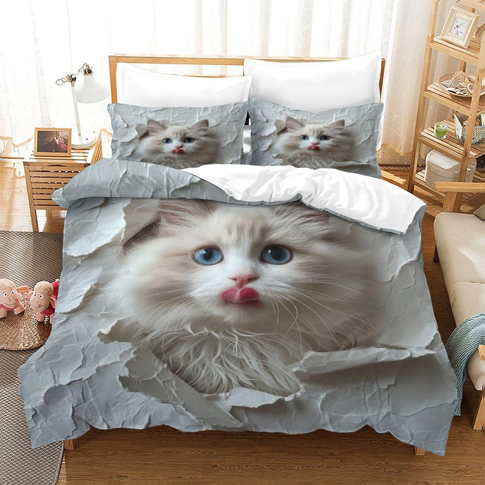 P1S9U7W5Y 3D Printed Realistic Cat Duvet Cover Set 3pcs Microfiber Animal Theme Bedding Set Double（200x200cm）