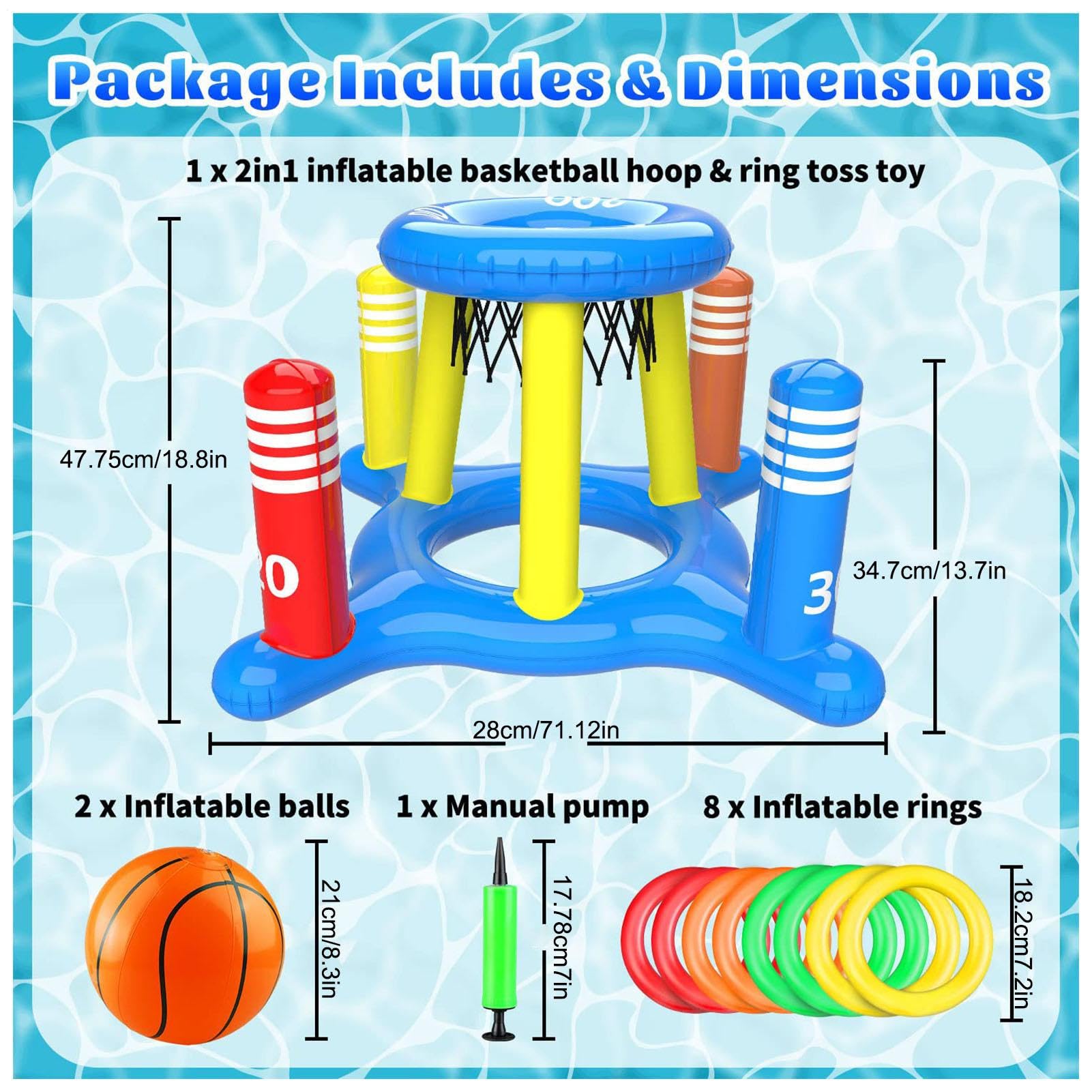 Anneau de basket-ball pour piscine, pour la piscine pour de 4 à 8 à 12 ans - Jeu de lancement de cerceaux et anneau de basket-ball en PVC flottant 2 en 1 | Comprend 2 balles, 8 anneaux