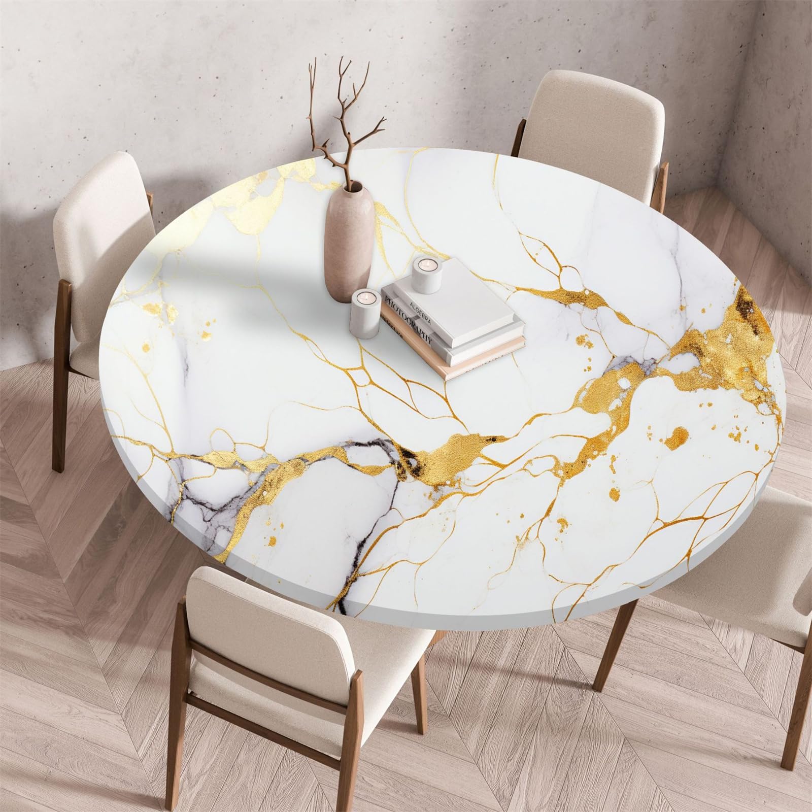 Muiuou Round Tablecloth, Marble Printing Tabletop, Reusable Wipeable Waterproof Oil-Proof Elastic Edged Round Table Cover Cloth, Fitted Kitchen Dining Room Picnic (Diameter 120cm,Marble 8)