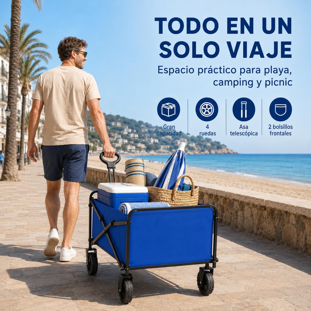 Carro Plegable con 4 Ruedas, Carrito de Transporte con Asa Telescópica y 2 Bolsillos Frontales, Carro para Playa, Camping, Picnic y Compras, Azul