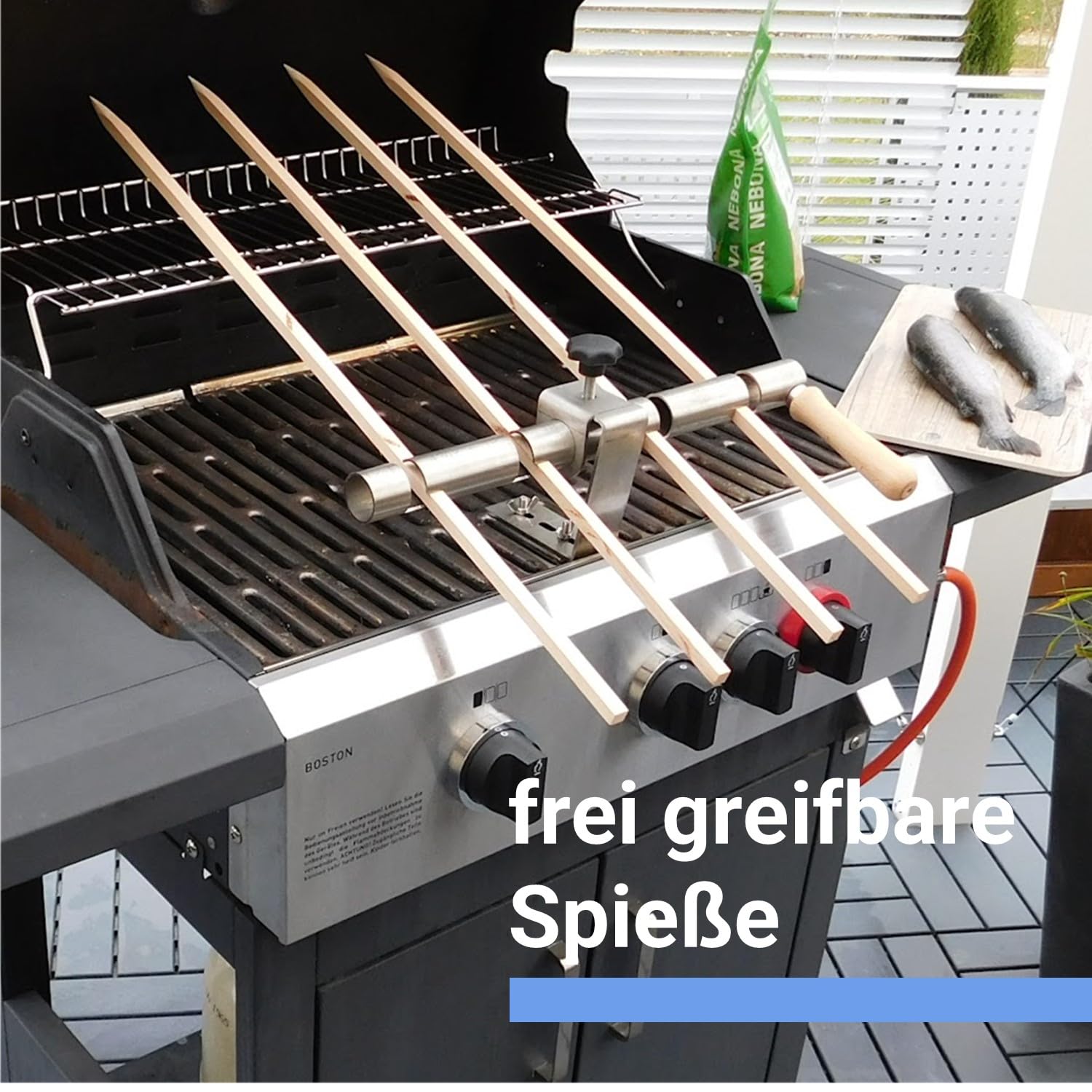 Steckerlfisch Halter 4 Buchenholzspieße für Gas- & Kohlegrill
