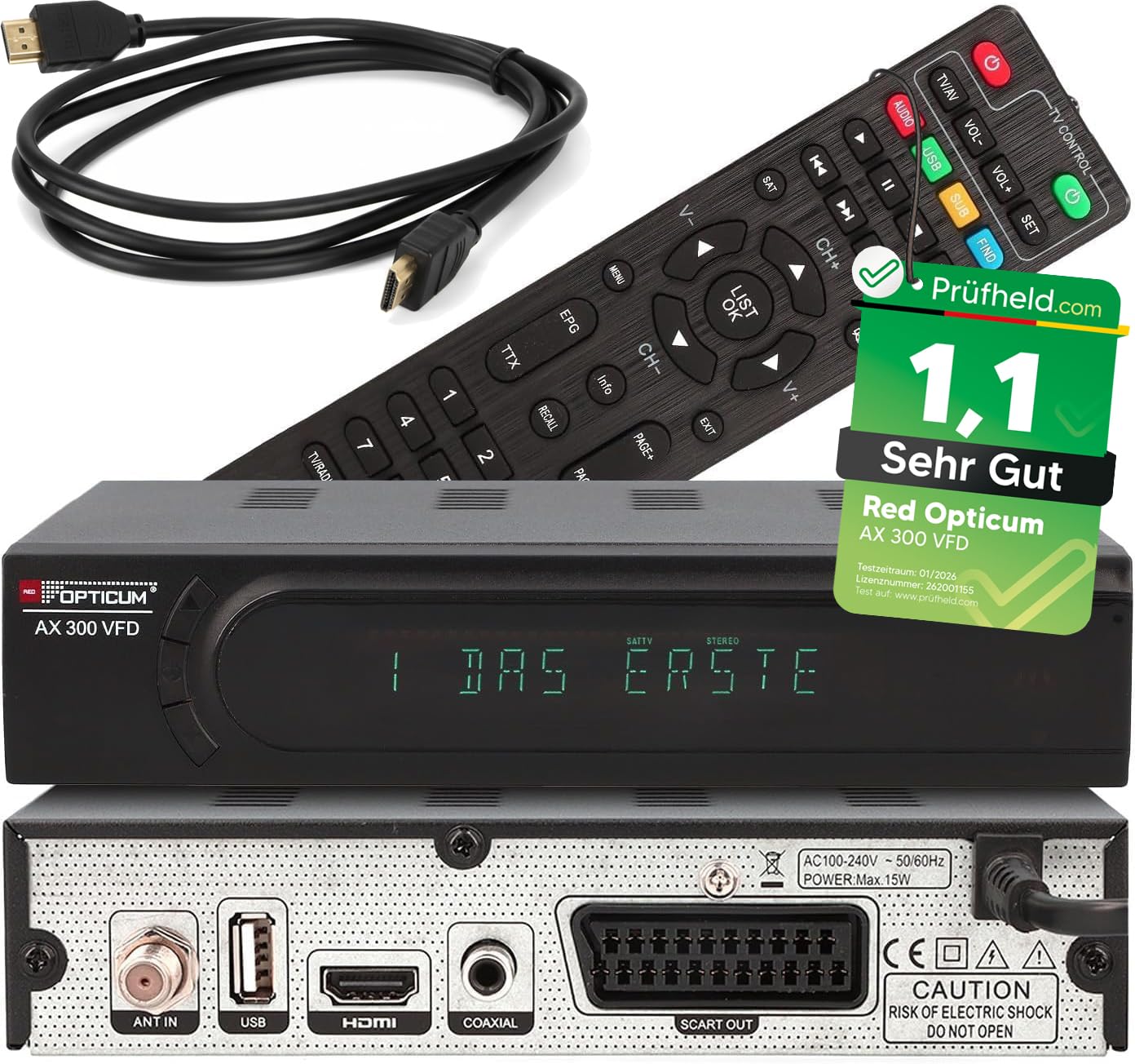 OPTICUM HD Sat Receiver AX 300 VFD Display PVR Ready USB TV Aufnahme HDMI SCART Coaxial Digital TV Receiver