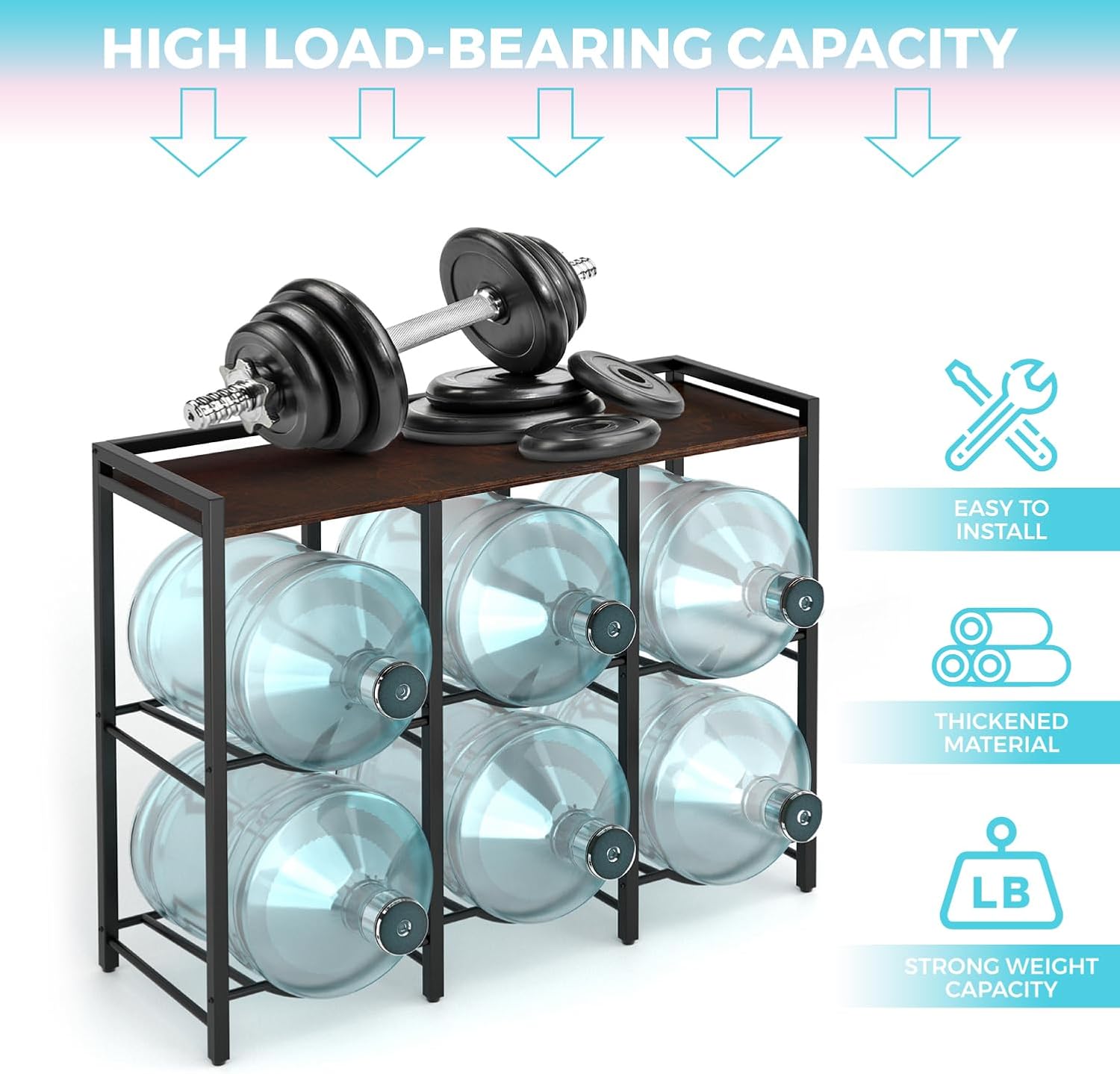 5 Gallon Water Jug Holder for 6 Bottles With Rustic Brown Wood Top Shelf - Heavy Duty Dispenser Stand for Home Kitchen/Office/Living Room