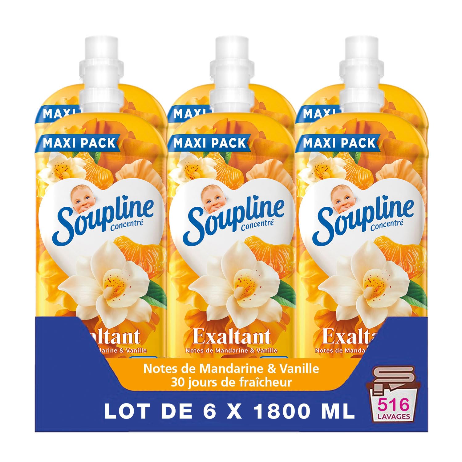 SOUPLINE - Adoucissant Concentré Ultra Emotion - Vanille & Mandarine - Lot de 6 x 1,8L