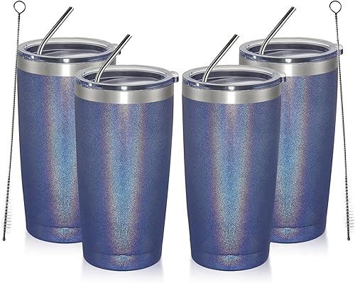 Meway Juego de 4 vasos de 20 oz, de acero inoxidable, aislado al vacío, con tapa y popote, recubrimiento en polvo, brillante, azul marino arcoíris,
