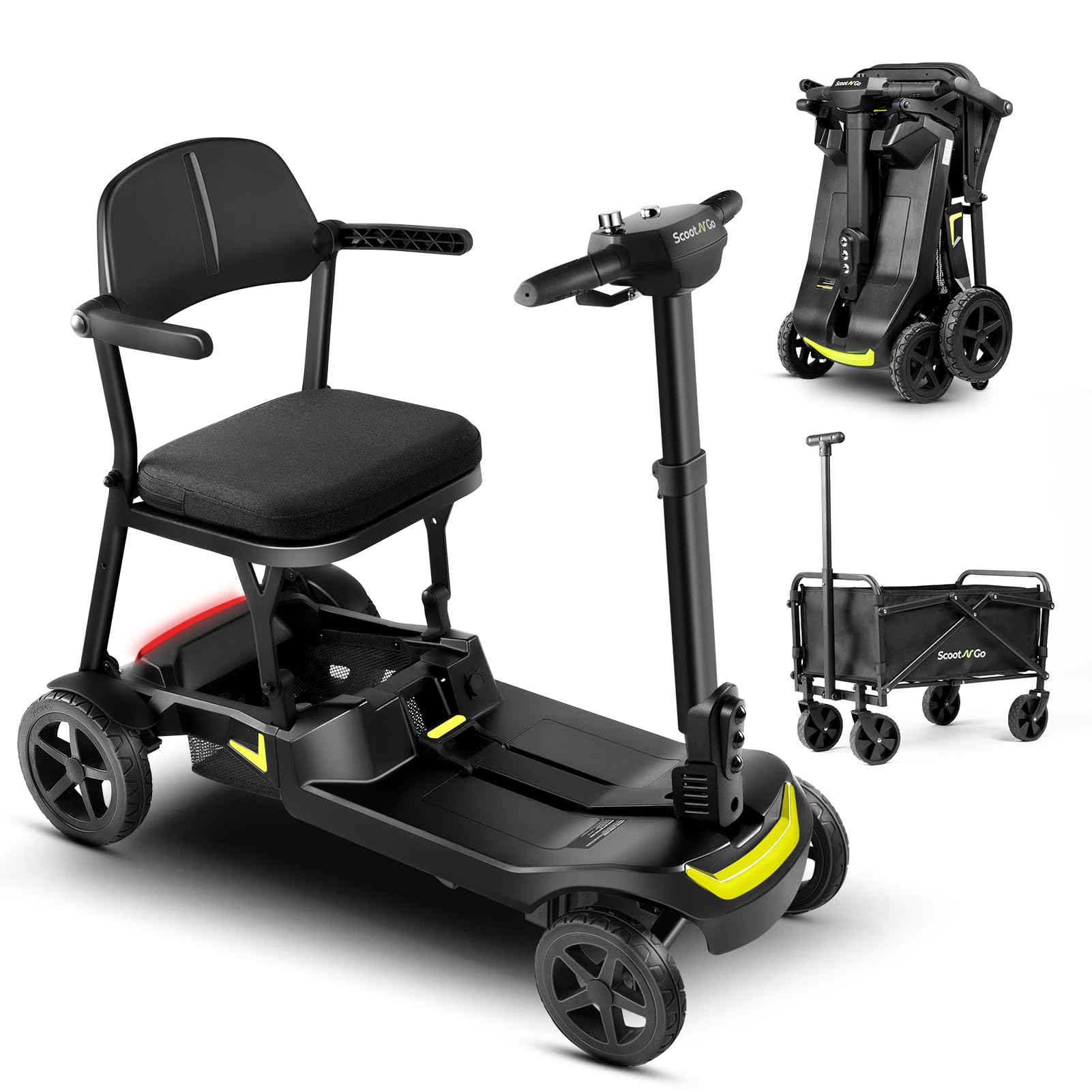 SCOOTNGO Mobility Scooters for Seniors &amp; Adults 4 Wheel Travel Mobility Scooter Airline Approved with Two Batteries, Lightweight, Foldable, No Assembly Needed (Black Yellow, Dual Batteries with Wagon)