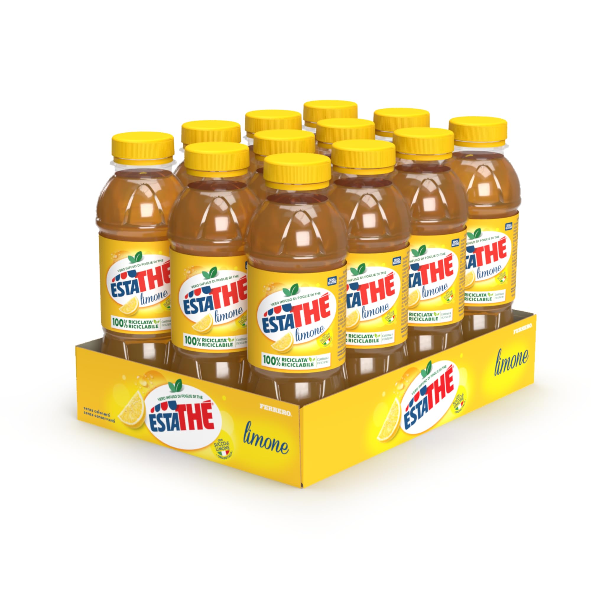 Estathé Limone - The Freddo con Vero Infuso di Foglie di The e Succo di Limone, Bevanda Analcolica Senza Glutine, 12 Bottiglie da 400 ml