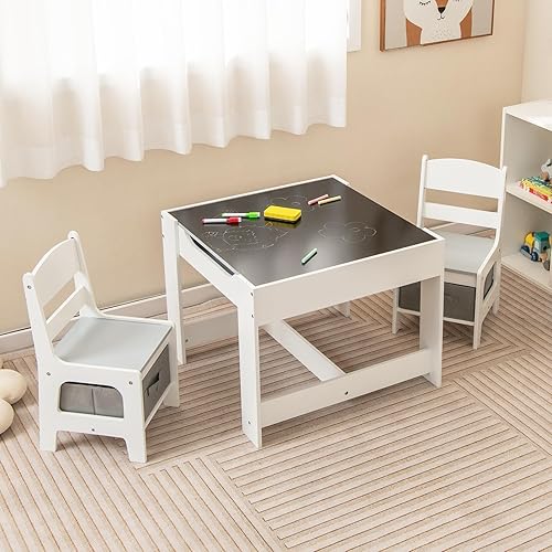 Miniatura 11 de KOTEK Juego de mesa y 2 sillas de madera para niños con pizarra y cajones de almacenamiento, mesa de actividades múltiples para niños para aprender,