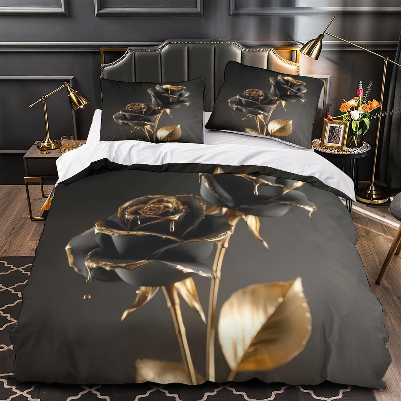 Drap de couette rose noire 3D housse de couette microfibre entretien facile 220x240cm