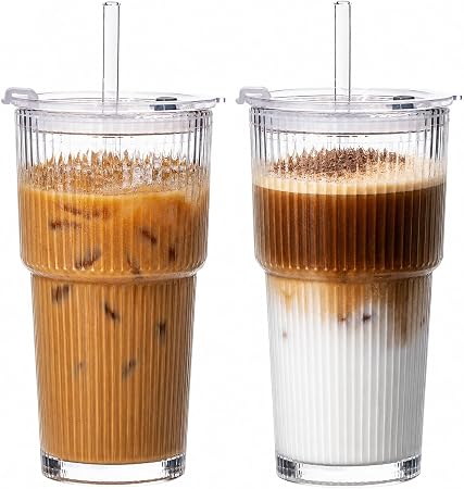 20oz Glass Tumblers with Straws and Lids 2 Pack, Ribbed