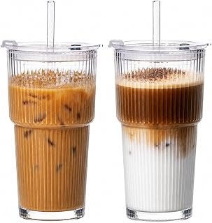 20oz Iced Coffee Cups with Lids, Glass Coffee Cups with Lids and Straws, 2P