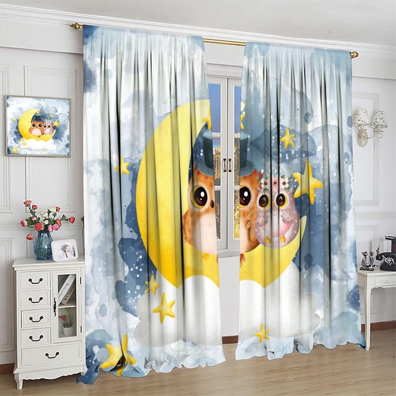 Watercolor Cute Owl Rod Pocket Blackout Curtains - Abstract Owl Cartoon Cloud Moon Star Art Window Drapes Set Energy Saving Thermal Insulated Drapes for Living Room 2 Panels 84L x 42W