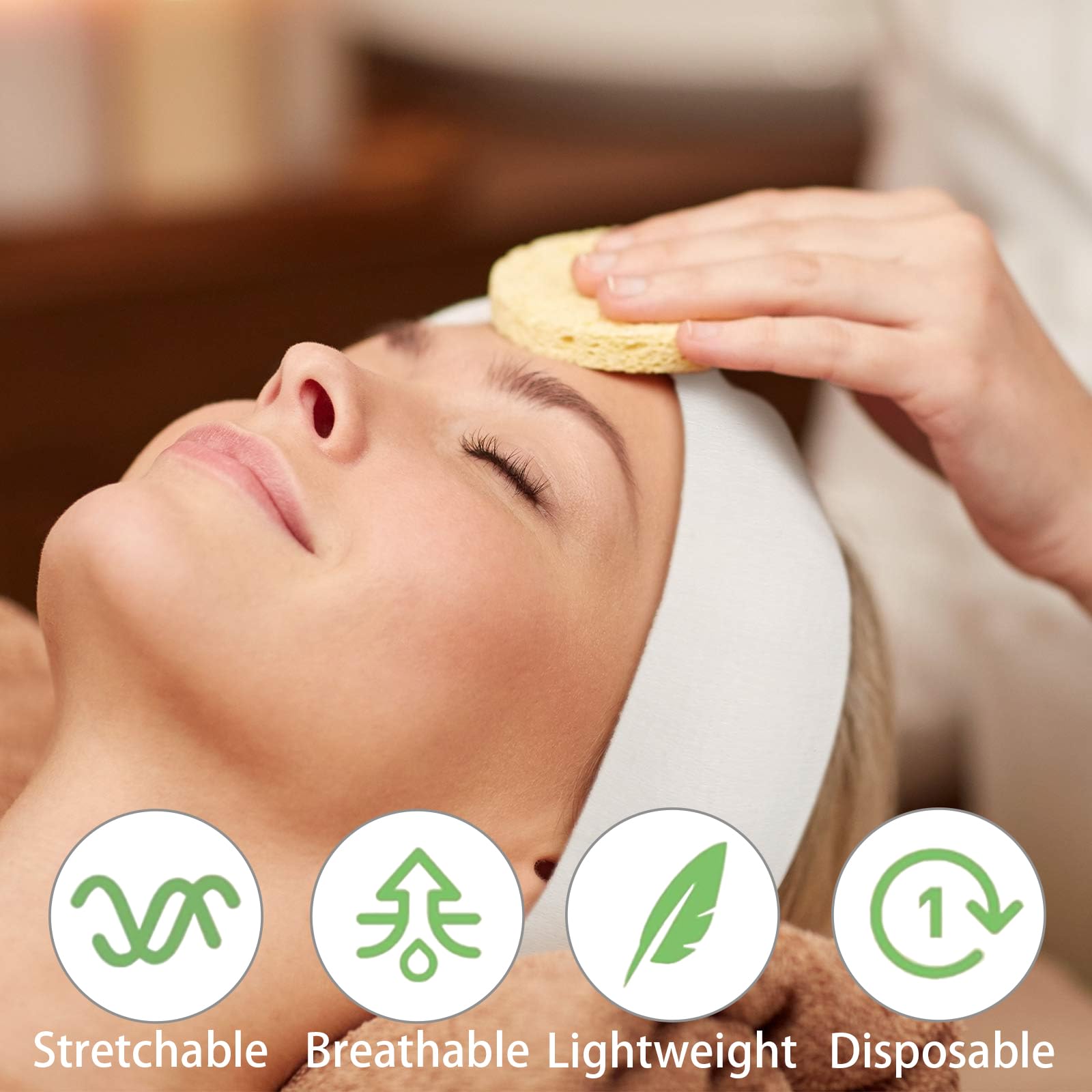 BERRYLION 50pcs Disposable Spa Facial Headbands, Stretch Non-Woven, Elastic Hair Wraps with Adjustable Magic Tape - Image 2